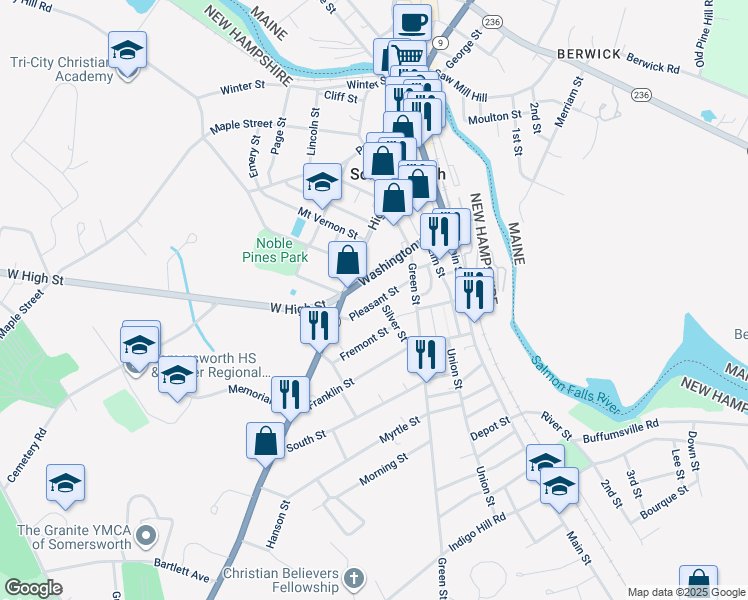 map of restaurants, bars, coffee shops, grocery stores, and more near 29 Pleasant Street in Somersworth