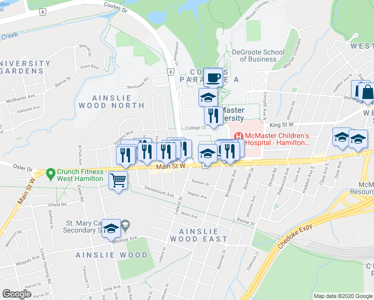 map of restaurants, bars, coffee shops, grocery stores, and more near 2490 Cootes Drive in Hamilton
