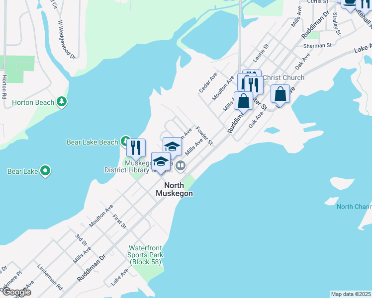 map of restaurants, bars, coffee shops, grocery stores, and more near 1622 Mills Avenue in North Muskegon