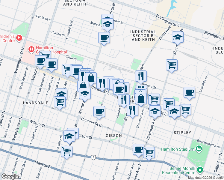 map of restaurants, bars, coffee shops, grocery stores, and more near 13 Westinghouse Avenue in Hamilton