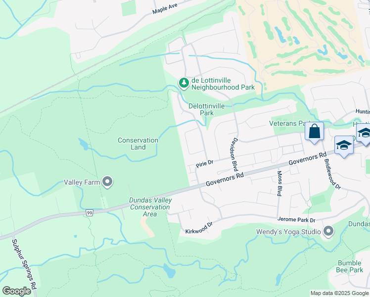 map of restaurants, bars, coffee shops, grocery stores, and more near 24 Linington Trail in Hamilton