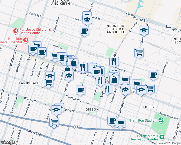 map of restaurants, bars, coffee shops, grocery stores, and more near 547 Barton Street East in Hamilton