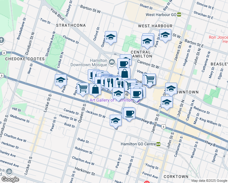 map of restaurants, bars, coffee shops, grocery stores, and more near 206 King Street West in Hamilton