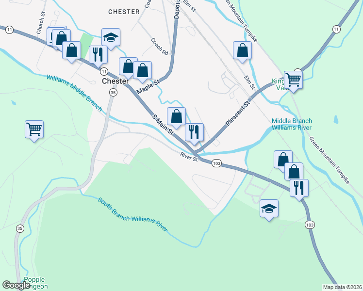 map of restaurants, bars, coffee shops, grocery stores, and more near 60 Vermont 103 in Chester