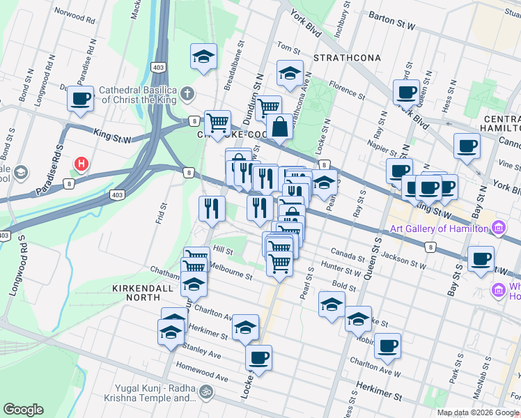 map of restaurants, bars, coffee shops, grocery stores, and more near 406 Jackson Street West in Hamilton