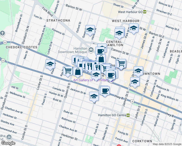 map of restaurants, bars, coffee shops, grocery stores, and more near 206 King Street West in Hamilton