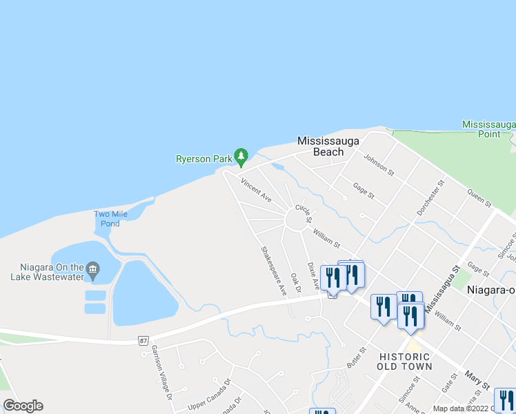 map of restaurants, bars, coffee shops, grocery stores, and more near Wyckliffe Avenue in Niagara-on-the-Lake