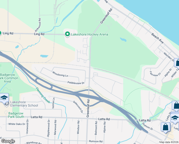 map of restaurants, bars, coffee shops, grocery stores, and more near 663 Greenleaf Meadows in Monroe County