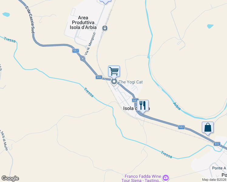 map of restaurants, bars, coffee shops, grocery stores, and more near 54 Via della Mercanzia in siena