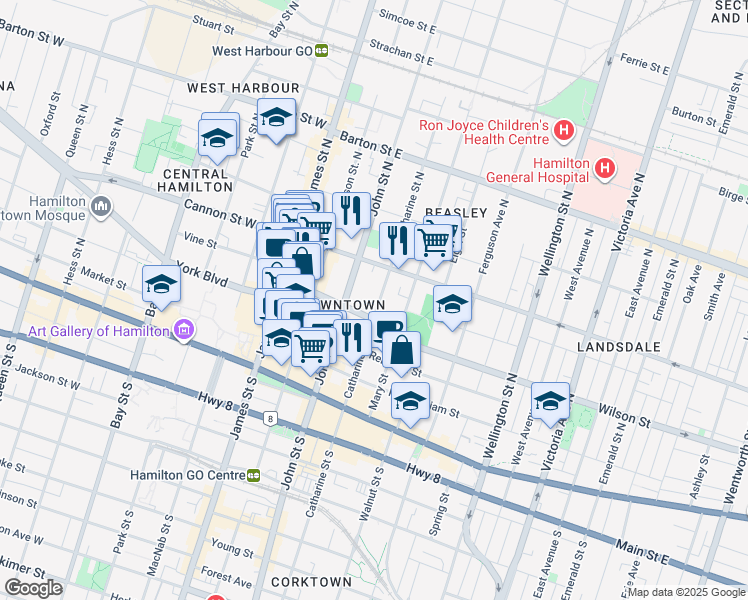 map of restaurants, bars, coffee shops, grocery stores, and more near 81 Wilson Street in Hamilton