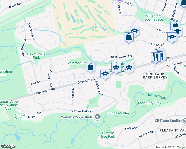 map of restaurants, bars, coffee shops, grocery stores, and more near 2 Castlewood Boulevard in Hamilton