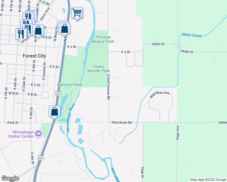 map of restaurants, bars, coffee shops, grocery stores, and more near 543 South Golf Course Road in Forest City