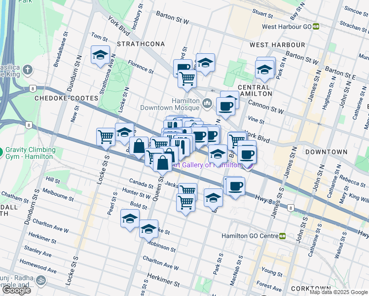 map of restaurants, bars, coffee shops, grocery stores, and more near 275 King Street West in Hamilton