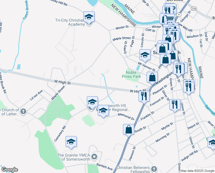 map of restaurants, bars, coffee shops, grocery stores, and more near 60 West High Street in Somersworth