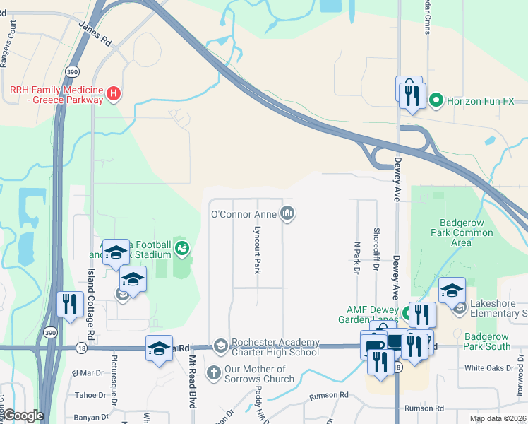 map of restaurants, bars, coffee shops, grocery stores, and more near 154 Lyncourt Park in Rochester