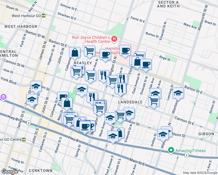 map of restaurants, bars, coffee shops, grocery stores, and more near in Hamilton