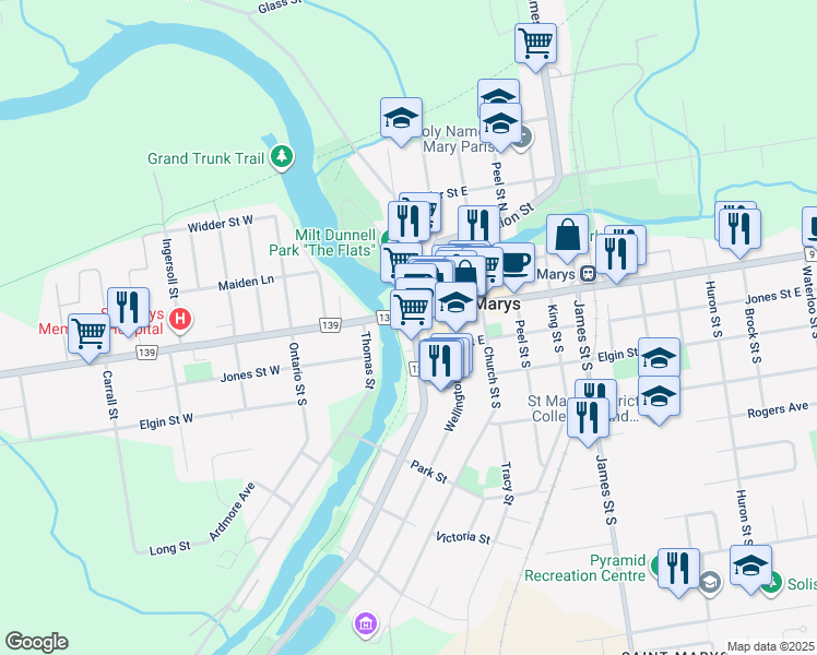 map of restaurants, bars, coffee shops, grocery stores, and more near 34 Water Street South in Saint Marys