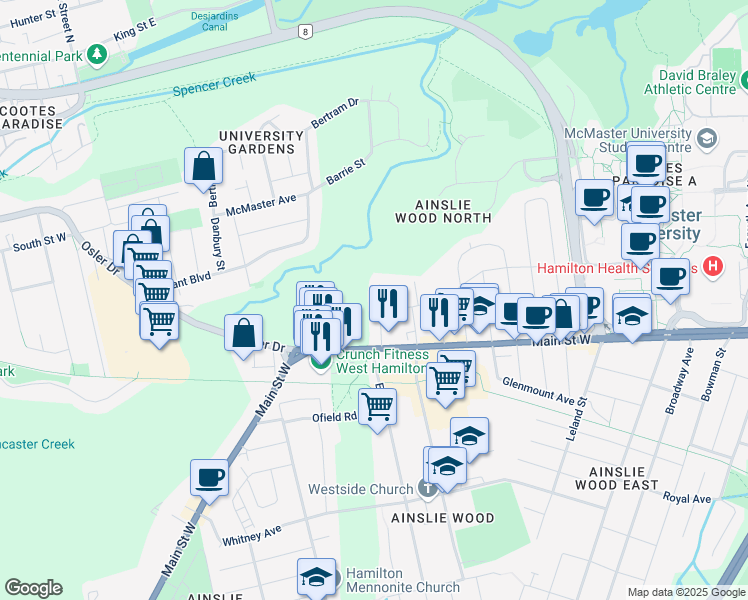 map of restaurants, bars, coffee shops, grocery stores, and more near 27 West Park Avenue in Hamilton