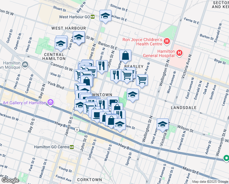 map of restaurants, bars, coffee shops, grocery stores, and more near 113 Mary Street in Hamilton