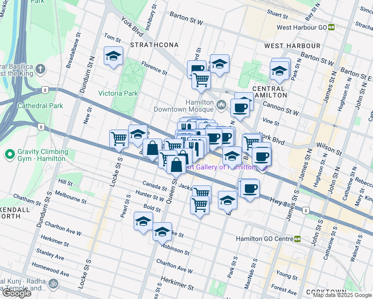 map of restaurants, bars, coffee shops, grocery stores, and more near 15 Queen Street South in Hamilton