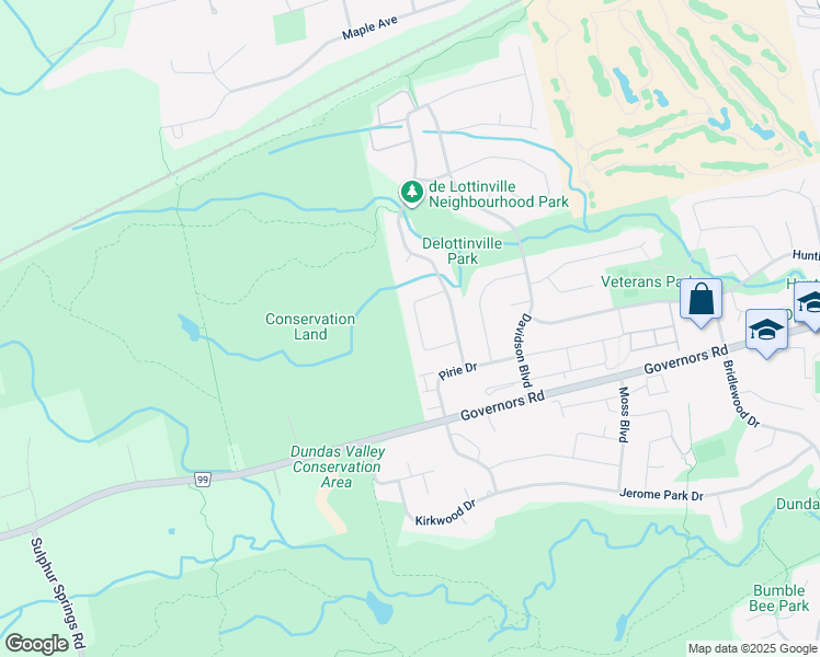 map of restaurants, bars, coffee shops, grocery stores, and more near 28 Linington Trail in Hamilton