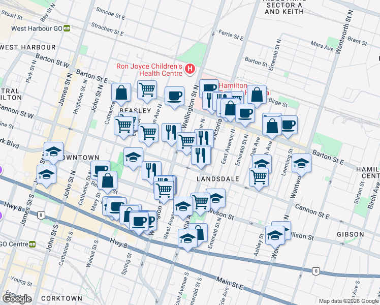 map of restaurants, bars, coffee shops, grocery stores, and more near in Hamilton