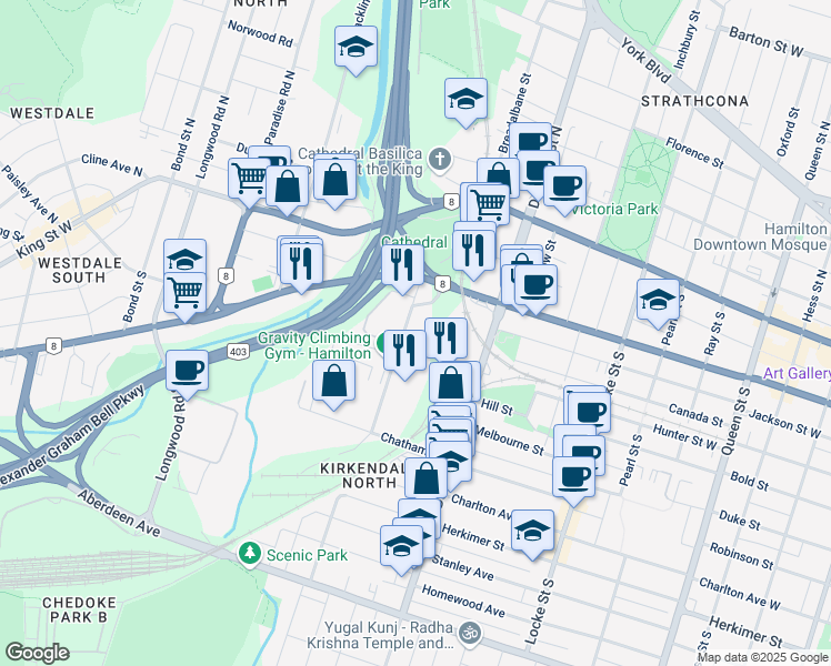 map of restaurants, bars, coffee shops, grocery stores, and more near in Hamilton