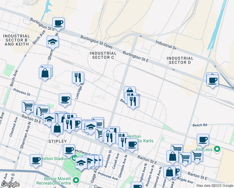 map of restaurants, bars, coffee shops, grocery stores, and more near in Hamilton