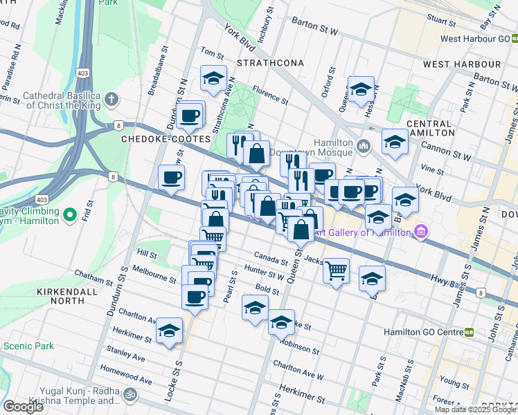 map of restaurants, bars, coffee shops, grocery stores, and more near 43 Pearl Street South in Hamilton