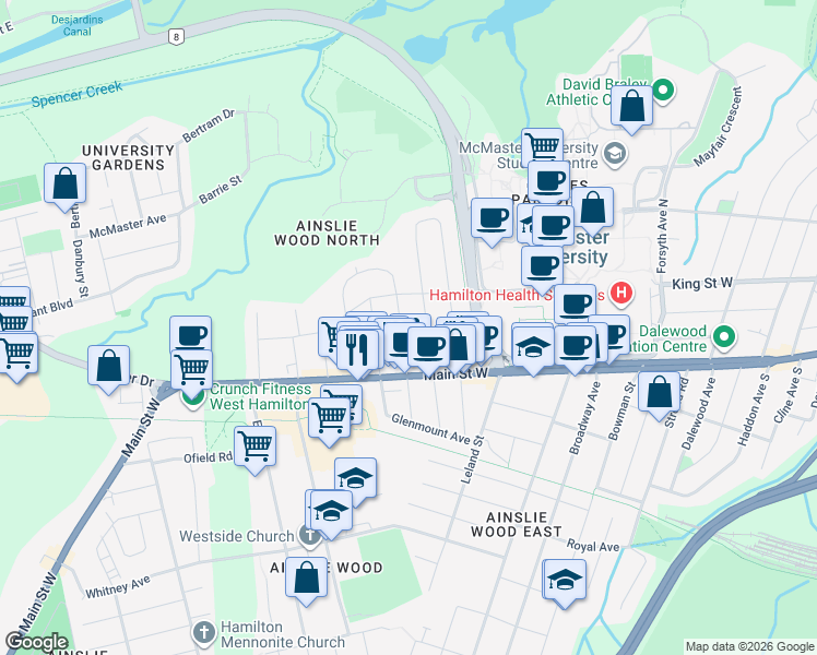map of restaurants, bars, coffee shops, grocery stores, and more near 28 Hollywood Street North in Hamilton