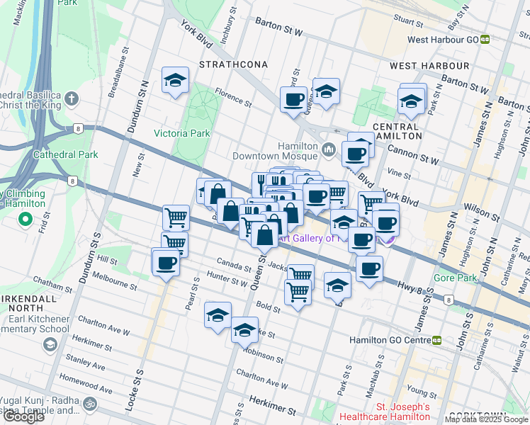 map of restaurants, bars, coffee shops, grocery stores, and more near 12 Queen Street South in Hamilton