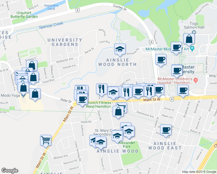 map of restaurants, bars, coffee shops, grocery stores, and more near 62 Sanders Boulevard in Hamilton