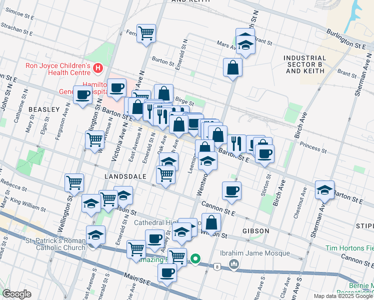 map of restaurants, bars, coffee shops, grocery stores, and more near 18 Wright Avenue in Hamilton