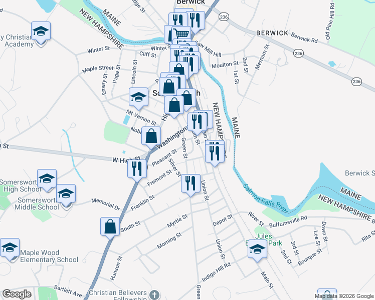 map of restaurants, bars, coffee shops, grocery stores, and more near 27 Green Street in Somersworth