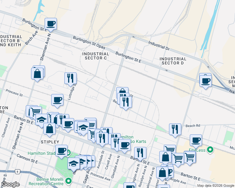 map of restaurants, bars, coffee shops, grocery stores, and more near in Hamilton