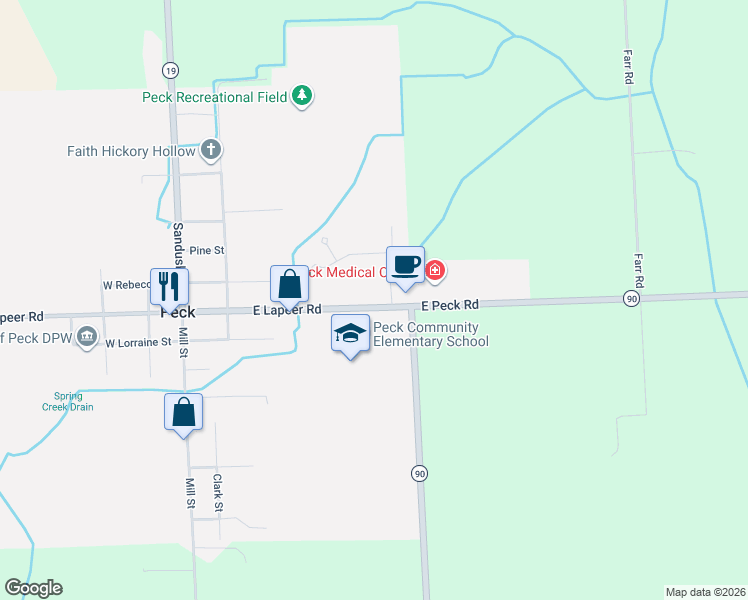 map of restaurants, bars, coffee shops, grocery stores, and more near 251 East Peck Road in Peck