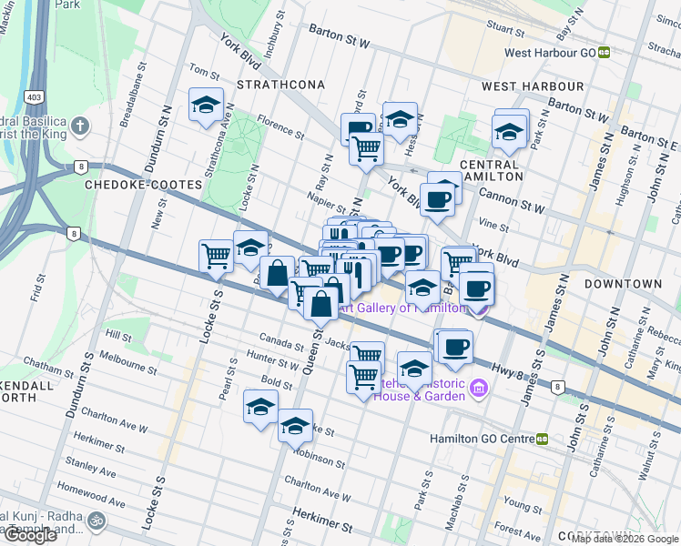 map of restaurants, bars, coffee shops, grocery stores, and more near 15 Queen Street South in Hamilton