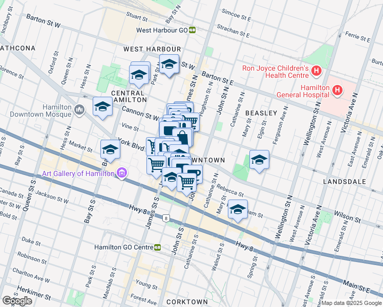 map of restaurants, bars, coffee shops, grocery stores, and more near 41 Wilson Street in Hamilton