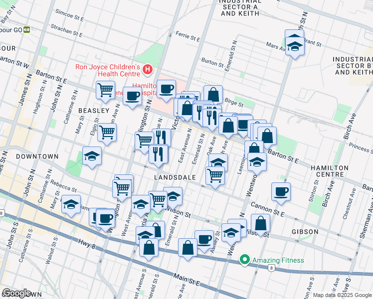 map of restaurants, bars, coffee shops, grocery stores, and more near in Hamilton
