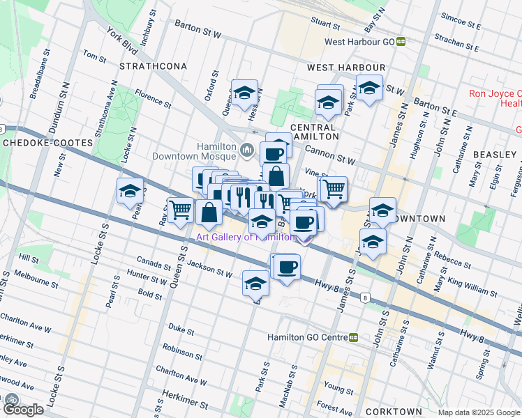 map of restaurants, bars, coffee shops, grocery stores, and more near 111 Market Street in Hamilton