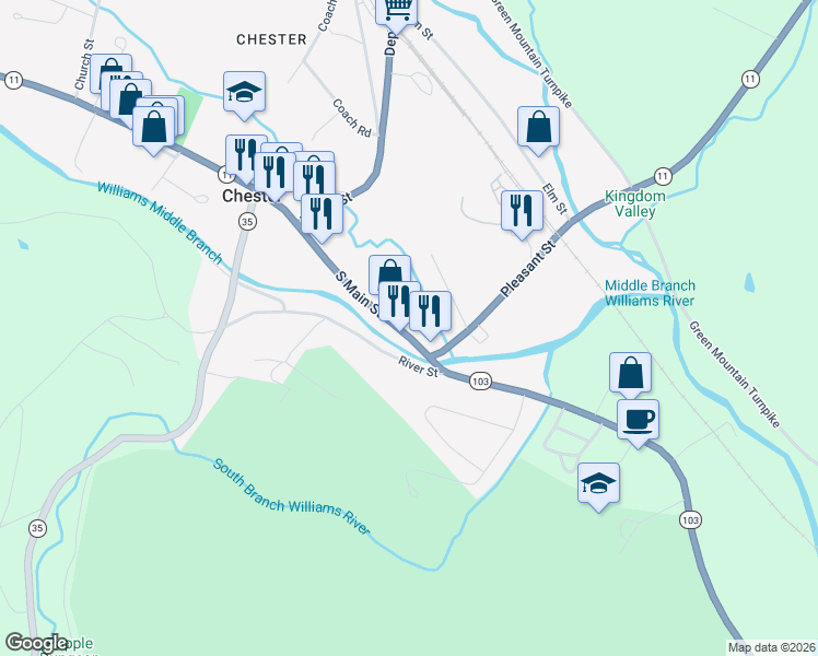 map of restaurants, bars, coffee shops, grocery stores, and more near 60 Vermont 103 in Chester