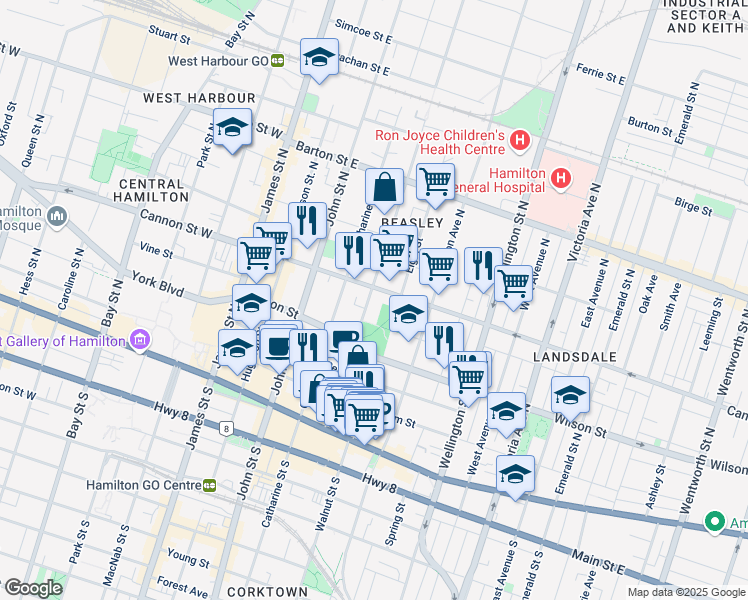 map of restaurants, bars, coffee shops, grocery stores, and more near 47 Elgin Street in Hamilton