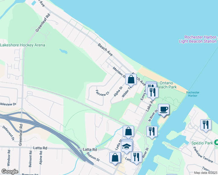 map of restaurants, bars, coffee shops, grocery stores, and more near 66 Fairview Court in Rochester