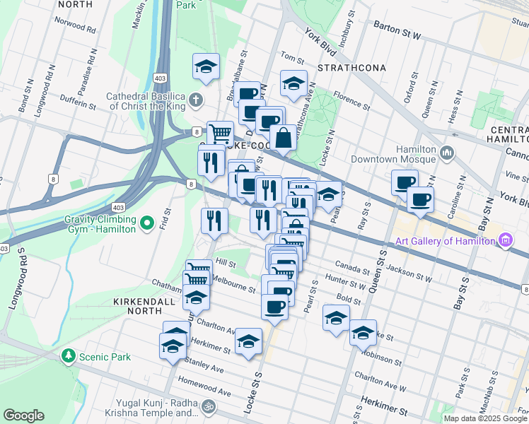 map of restaurants, bars, coffee shops, grocery stores, and more near in Hamilton