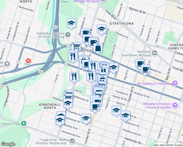 map of restaurants, bars, coffee shops, grocery stores, and more near 415 Main Street West in Hamilton