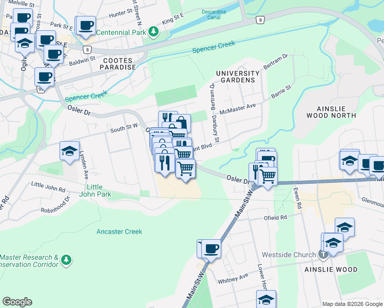 map of restaurants, bars, coffee shops, grocery stores, and more near in Hamilton