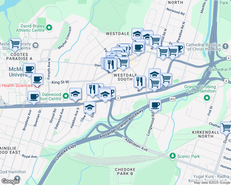 map of restaurants, bars, coffee shops, grocery stores, and more near 99 Arkell Street in Hamilton