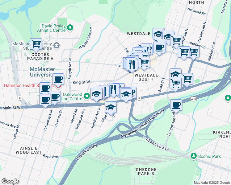 map of restaurants, bars, coffee shops, grocery stores, and more near in Hamilton