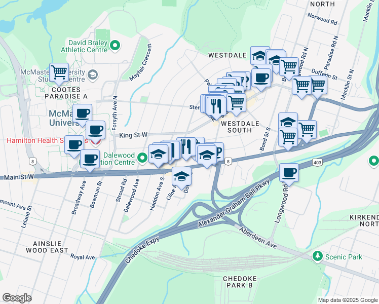 map of restaurants, bars, coffee shops, grocery stores, and more near in Hamilton