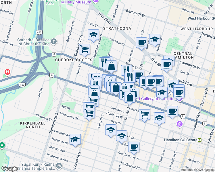 map of restaurants, bars, coffee shops, grocery stores, and more near 12 Nelson Street in Hamilton